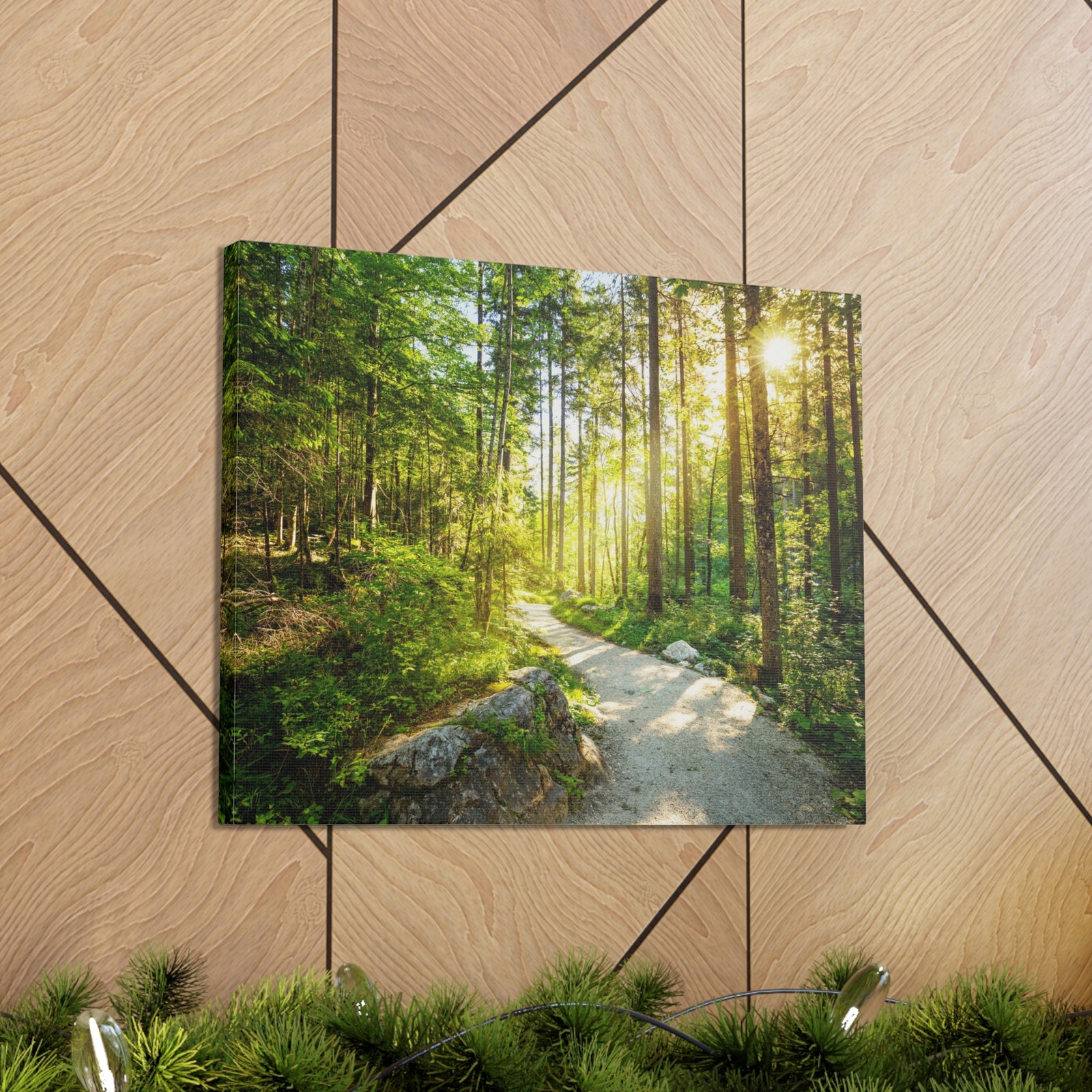 Sunlight Passing Through Green Forest Path Nature Wilderness Photography Canvas Wall Art for Home Decor Ready-to-Hang-Express Your Love Gifts