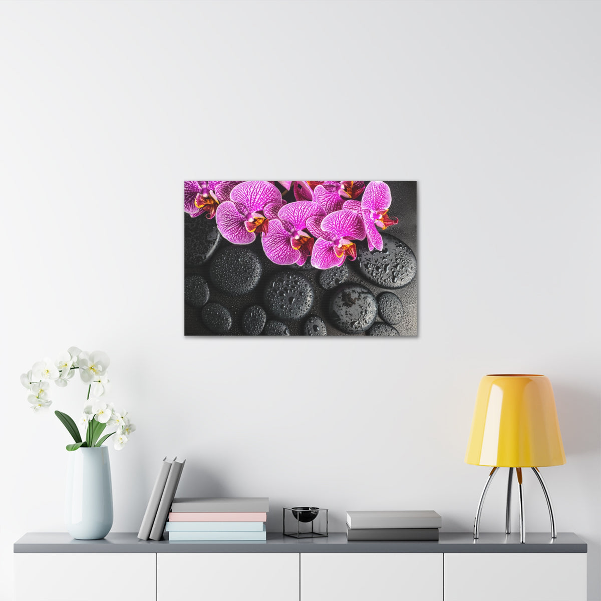 Violet Orchid on Stones Forest Floral Nature Photography Canvas Wall Art for Home Decor Ready-to-Hang-Express Your Love Gifts