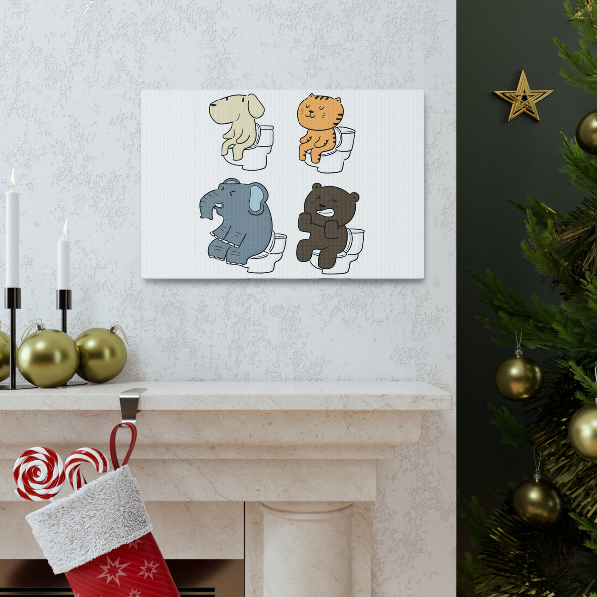 Set Of Animals Sitting On Toilet Funny Canvas Wall Art for Home Decor Ready-to-Hand-Express Your Love Gifts