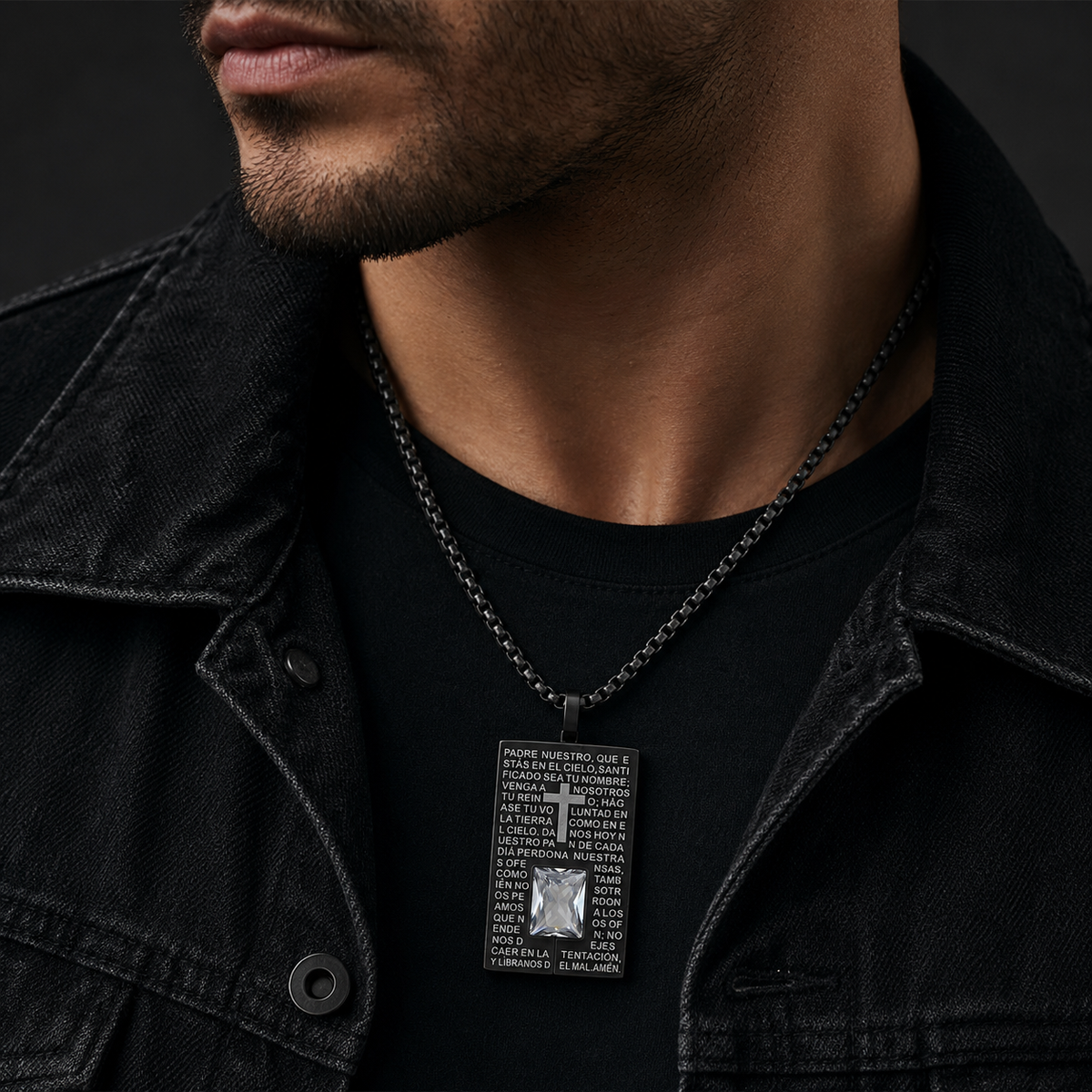 Padre Nuestro Our Father Dog Tag Necklace 18K Gold Black IP 24" Stainless Steel-Express Your Love Gifts