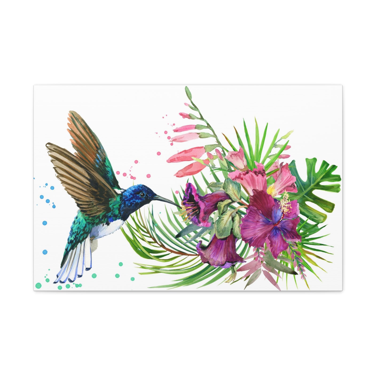 Hummingbird And Tropical Flowers Watercolor Flower Canvas Wall Art for Home Decor Ready-to-Hang-Express Your Love Gifts