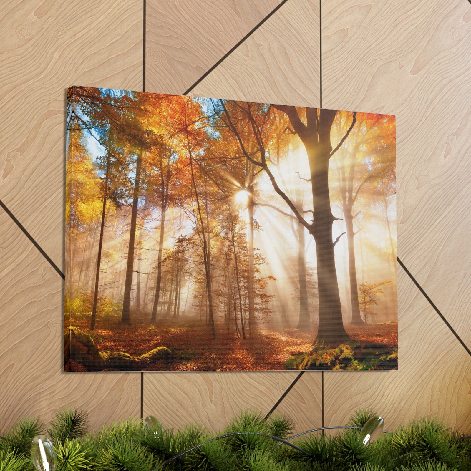 Sunlight Shine Autumn Forest Nature Wilderness Photography Canvas Wall Art for Home Decor Ready-to-Hang-Express Your Love Gifts