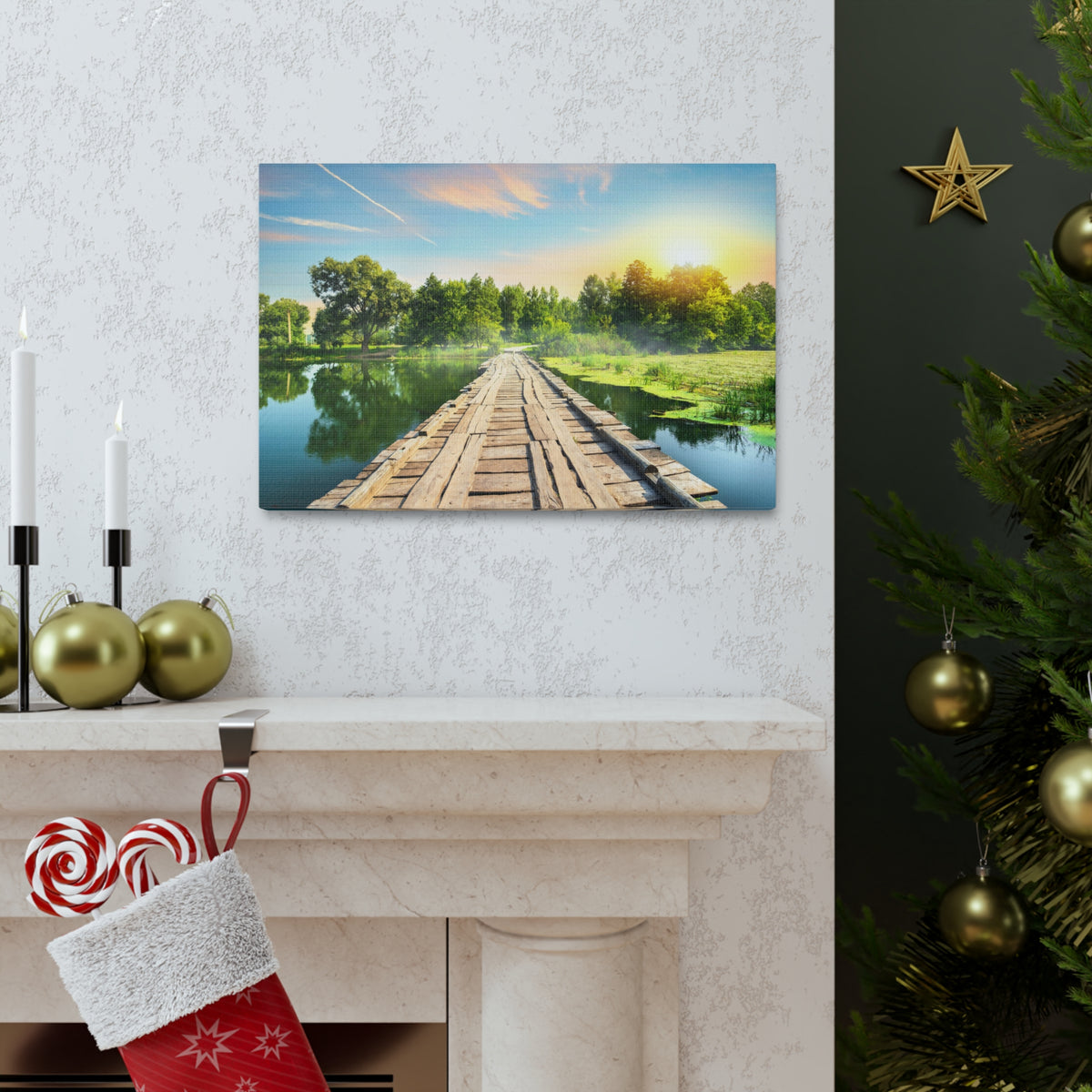 Lake at Dawn Wooden Bridge Nature Wilderness Photography Canvas Wall Art for Home Decor Ready-to-Hang-Express Your Love Gifts