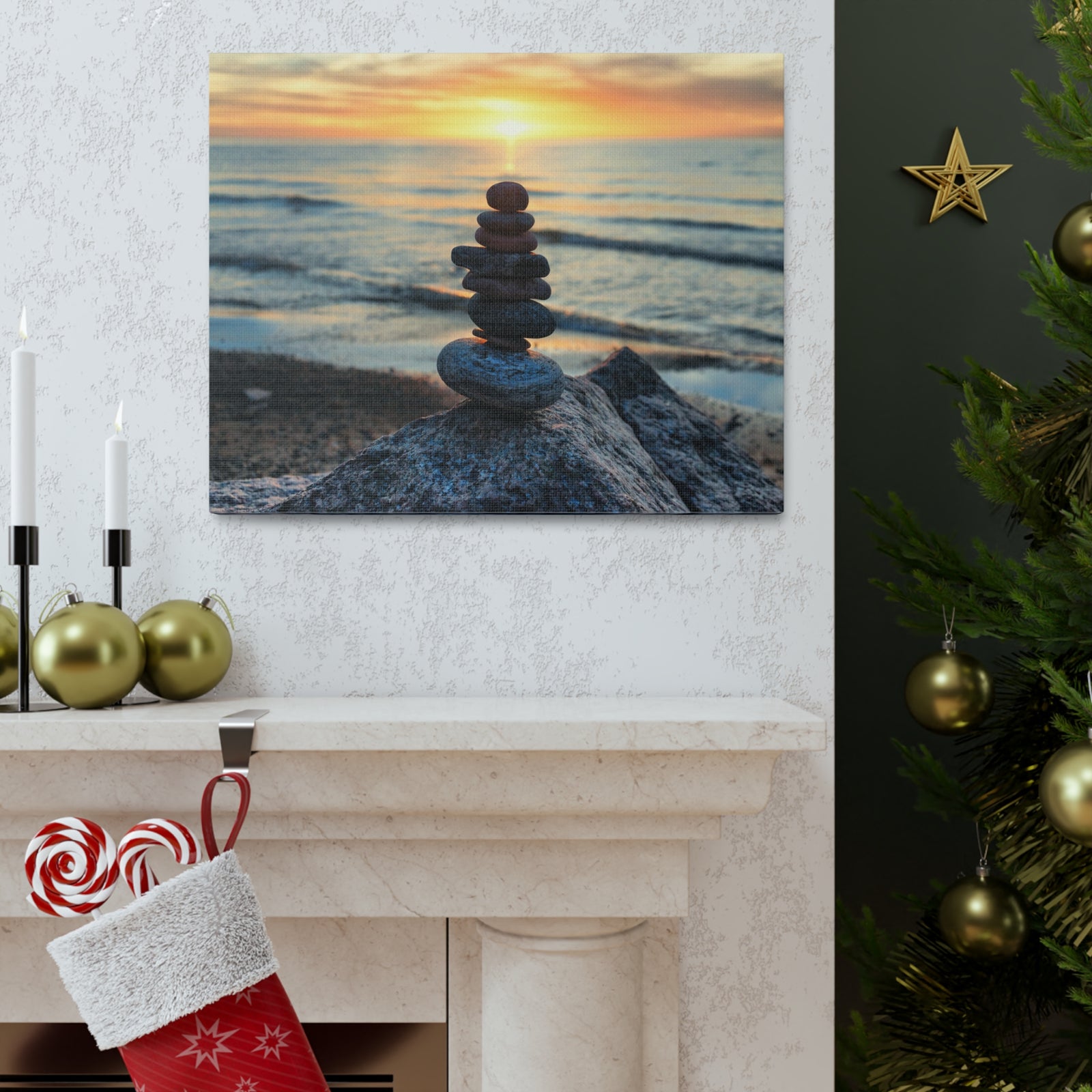 Pebbles Stack Over Beach Nature Wilderness Photography Canvas Wall Art for Home Decor Ready-to-Hang-Express Your Love Gifts