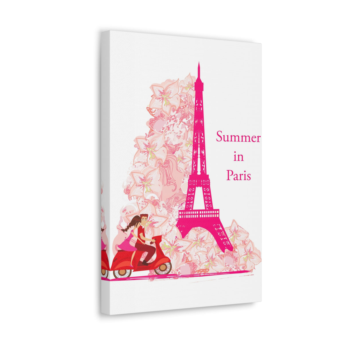 Pink Eiffel Tower Couple On Scooter Paris France Canvas Artwork High-Quality Breathtaking French City for Home Decor Ready to Hang-Express Your Love Gifts