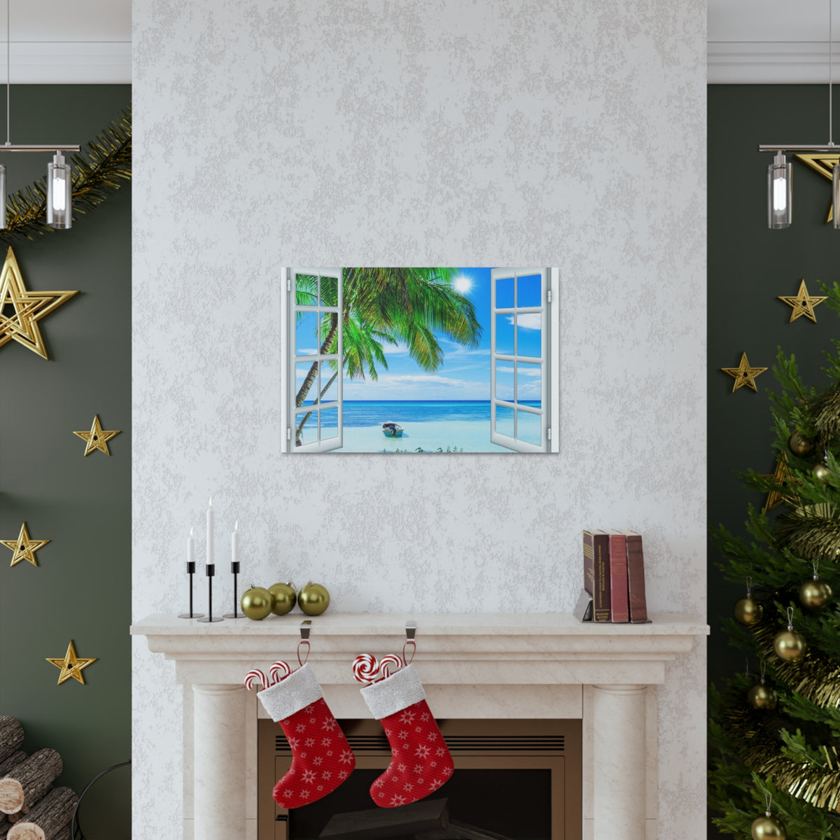 Canvas Print Wall Art Window Beach Coconut View Nature Photography Realism Scenic Landscape Colorful Multicolor for Home Decor Ready to Hang-Express Your Love Gifts