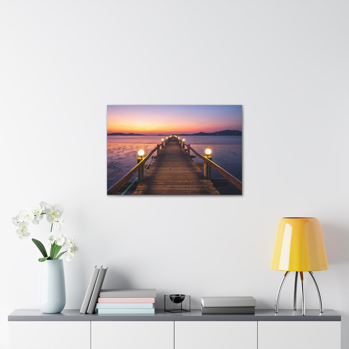 Sunset Wooden Bridge Lake View Nature Wilderness Photography Canvas Wall Art for Home Decor Ready-to-Hang-Express Your Love Gifts