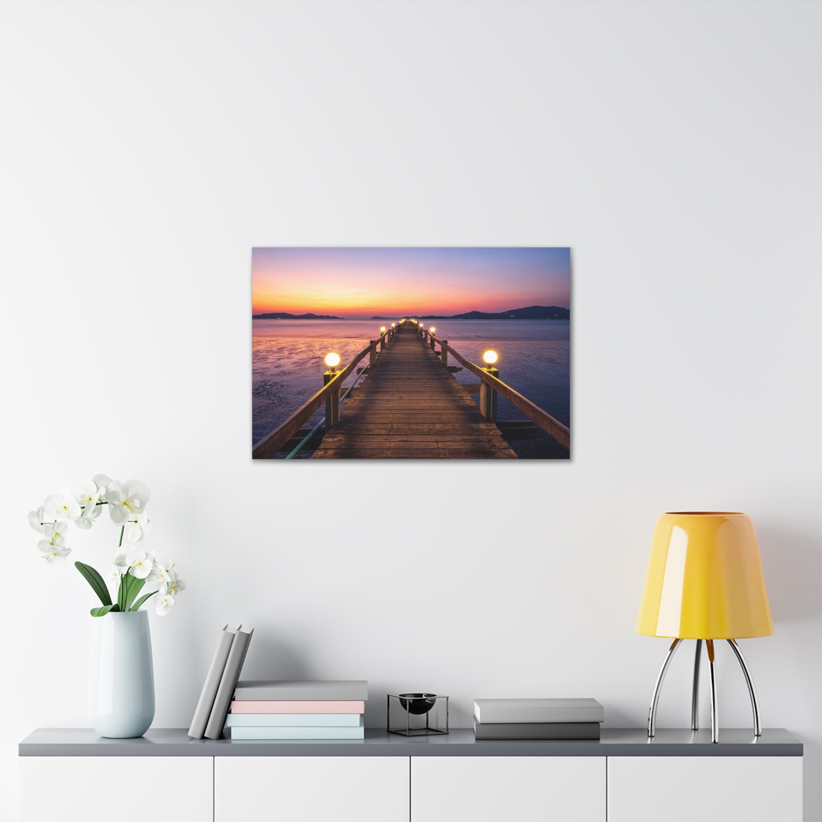 Sunset Wooden Bridge Lake View Nature Wilderness Photography Canvas Wall Art for Home Decor Ready-to-Hang-Express Your Love Gifts