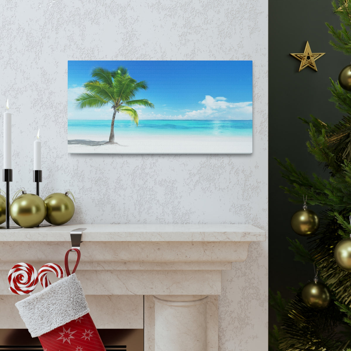 Palm on the beach in Daylight Ocean Canvas Wall Art for Home Decor Ready-to-Hang-Express Your Love Gifts