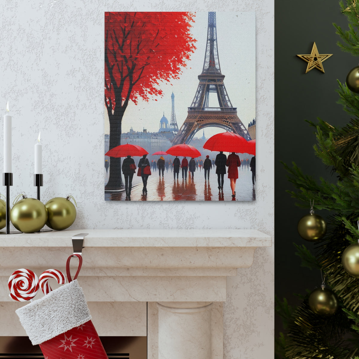 Paris Eiffel Tower Crowd With Red Umbrella France Canvas Artwork High-Quality Breathtaking French City for Home Decor Ready to Hang-Express Your Love Gifts