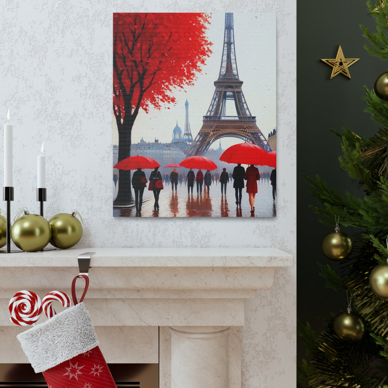 Paris Eiffel Tower Crowd With Red Umbrella France Canvas Artwork High-Quality Breathtaking French City for Home Decor Ready to Hang-Express Your Love Gifts