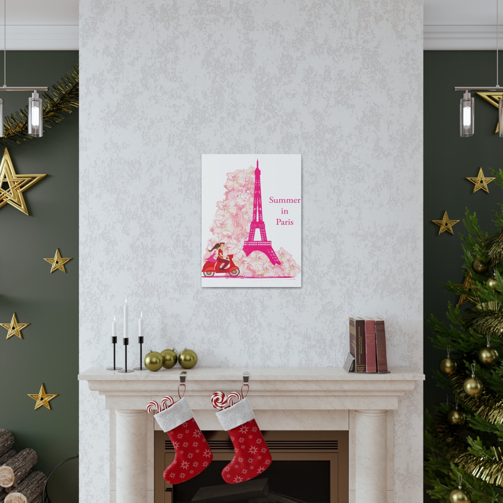 Pink Eiffel Tower Couple On Scooter Paris France Canvas Artwork High-Quality Breathtaking French City for Home Decor Ready to Hang-Express Your Love Gifts