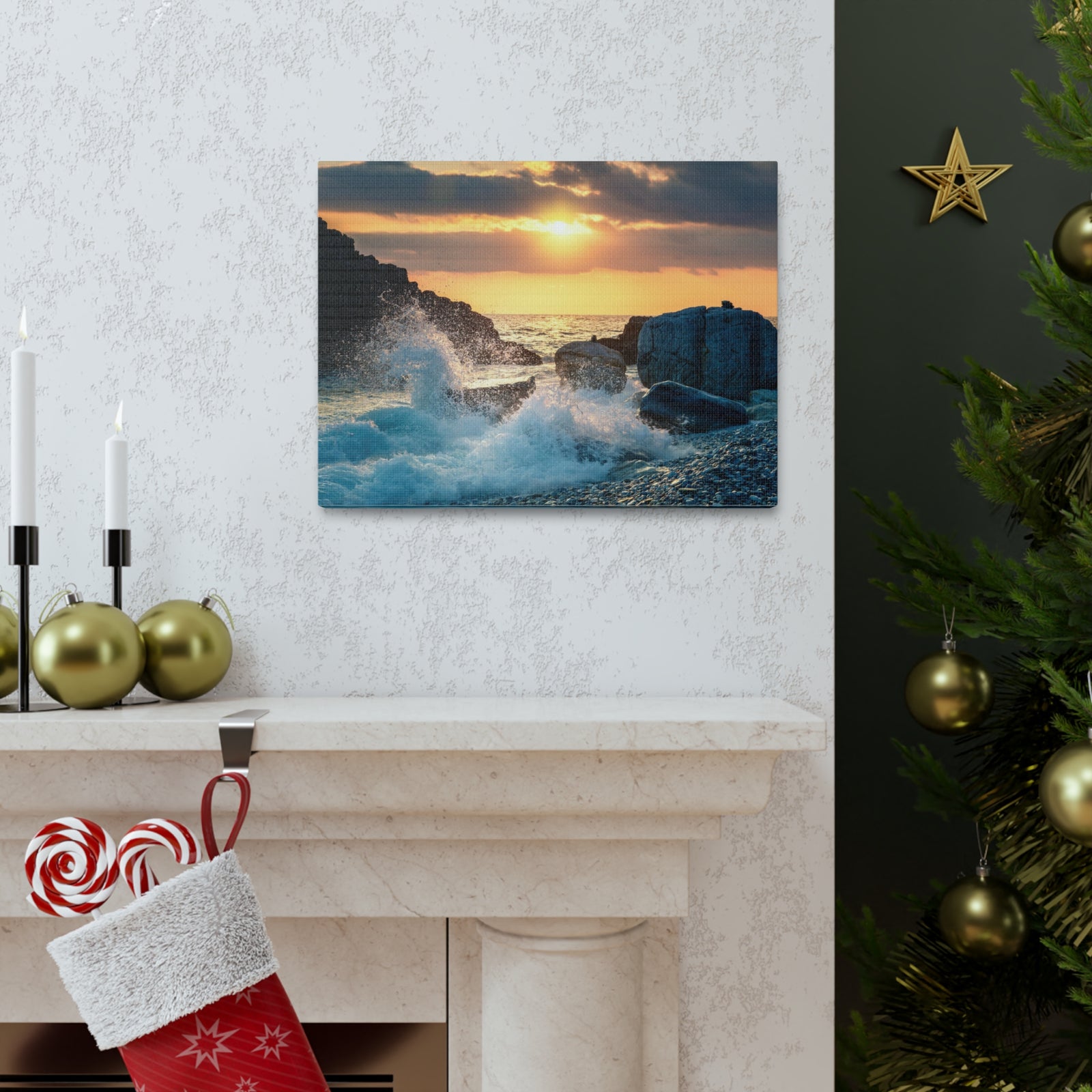 Sea Ocean Wave Hit Rock Beach Sunset Seascape Ocean Canvas Wall Art for Home Decor Ready-to-Hang-Express Your Love Gifts