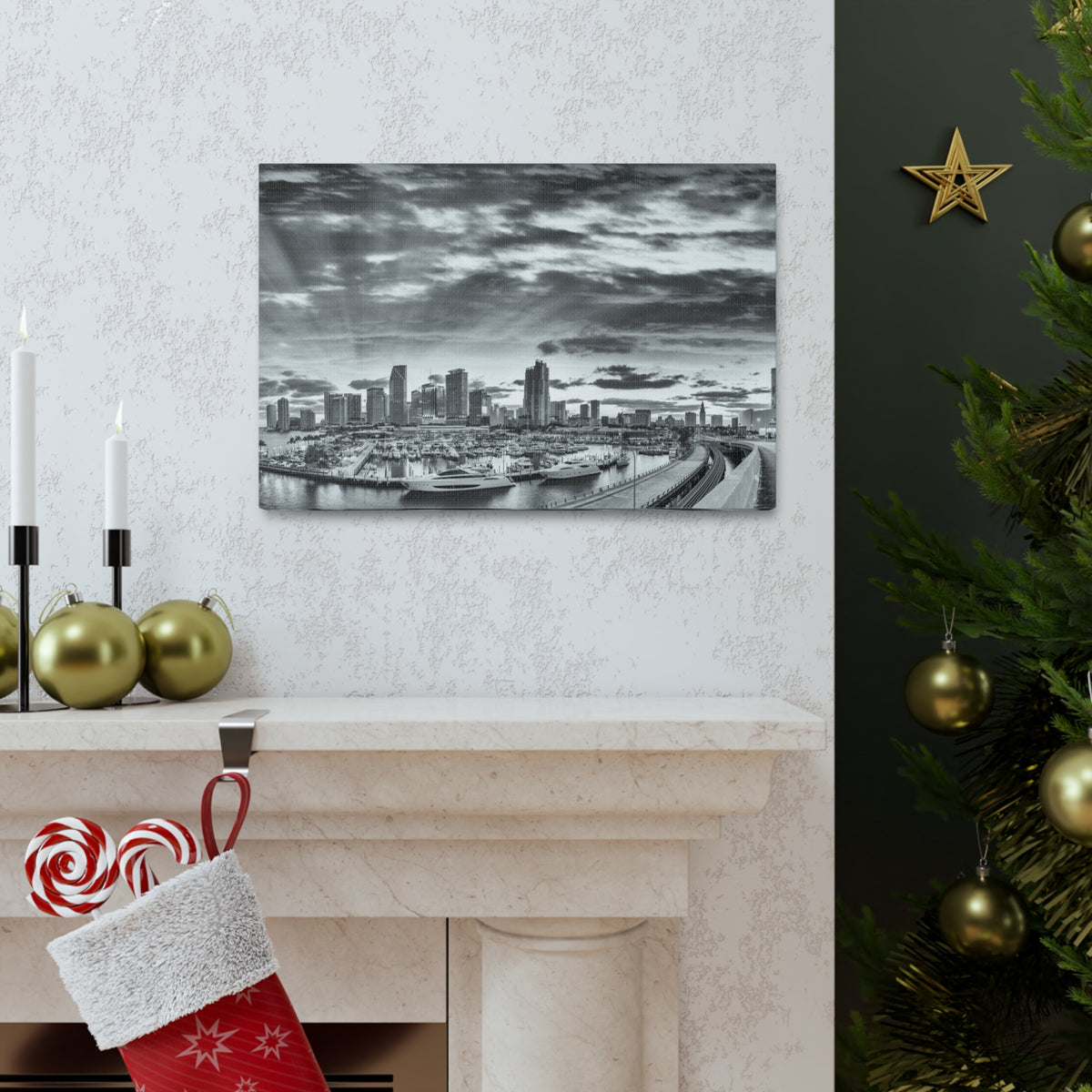 Miami Black And White Skyline Canvas Artwork High-Quality Breathtaking Stunning Cityscape for Home Decor Ready to Hang-Express Your Love Gifts