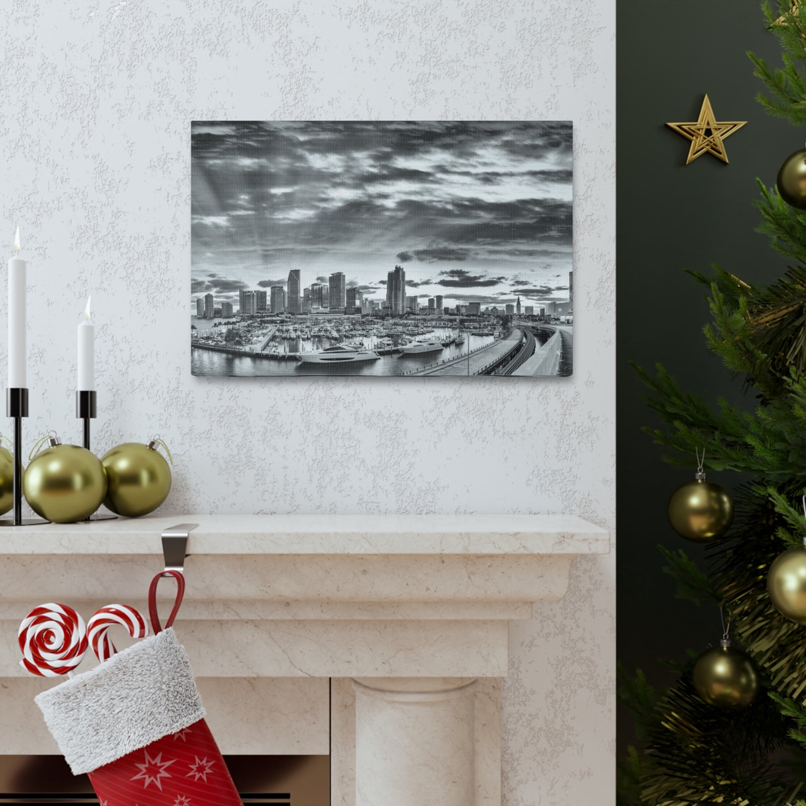 Miami Black And White Skyline Canvas Artwork High-Quality Breathtaking Stunning Cityscape for Home Decor Ready to Hang-Express Your Love Gifts