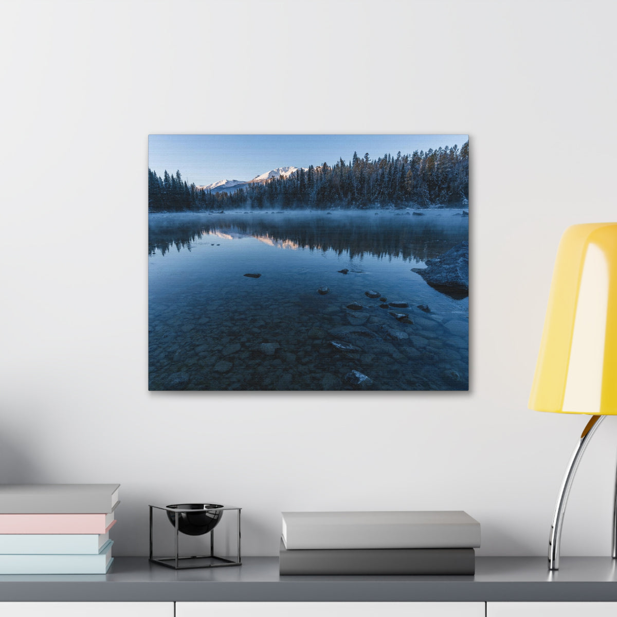 Clear Winter Lake Pine Tree Mountain Nature Wilderness Photography Canvas Wall Art for Home Decor Ready-to-Hang-Express Your Love Gifts