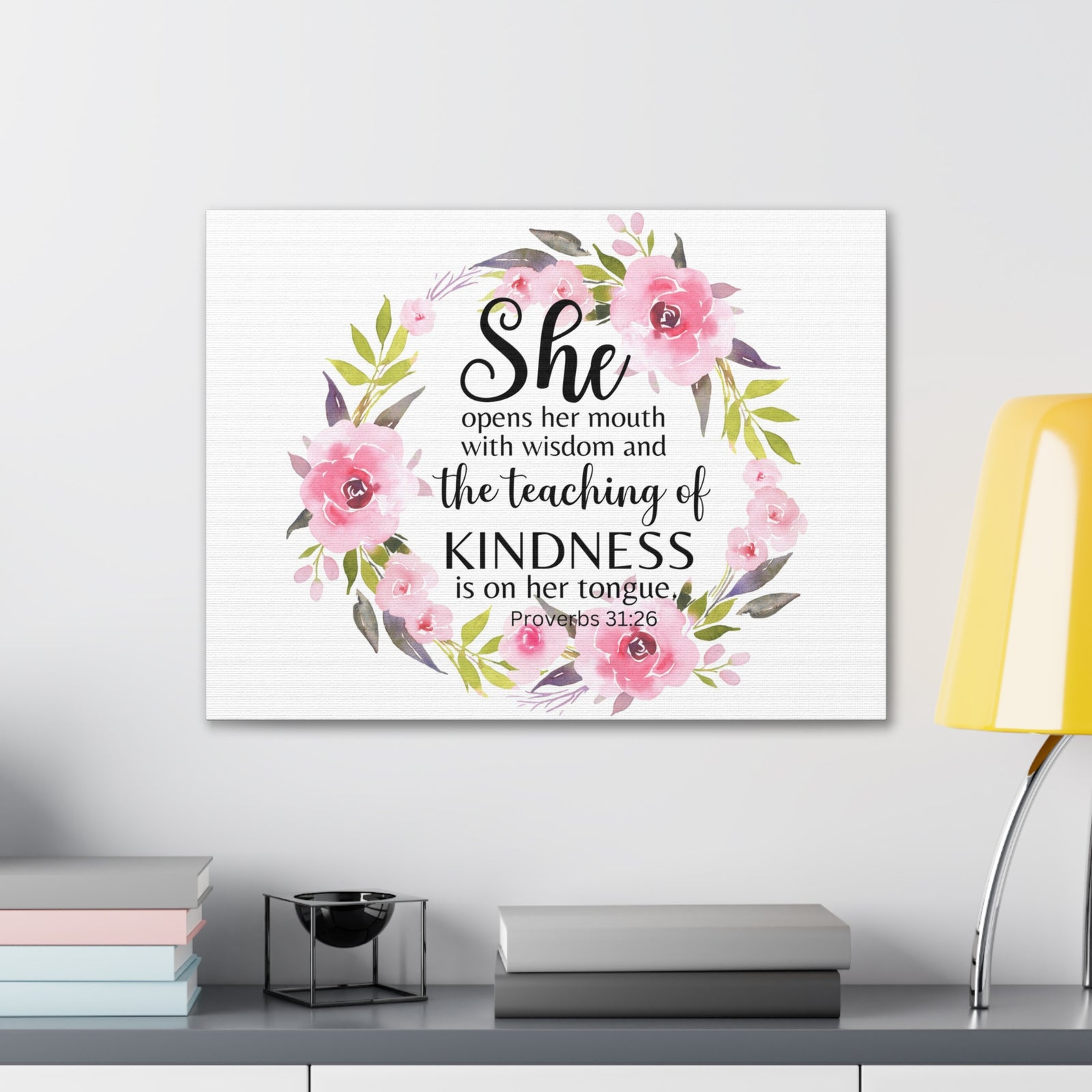 Scripture Walls Proverbs 31:26 She Teaches Kindness Bible Verse Canvas Christian Wall Art Ready to Hang Unframed-Express Your Love Gifts