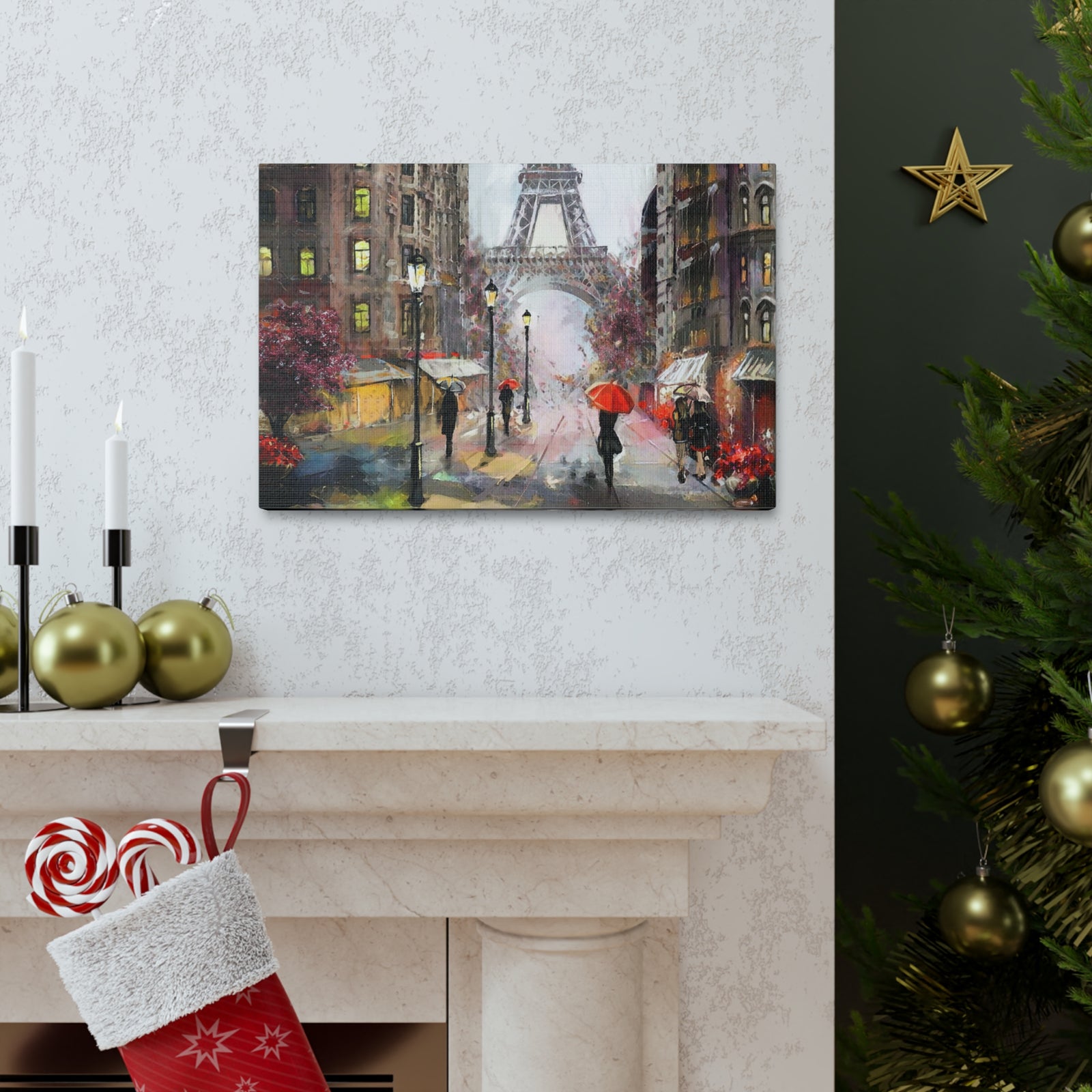 Paris Urban People Under Red Umbrella Paris Eiffel Tower Couple France Canvas Artwork High-Quality Breathtaking French City for Home Decor Ready to Hang-Express Your Love Gifts