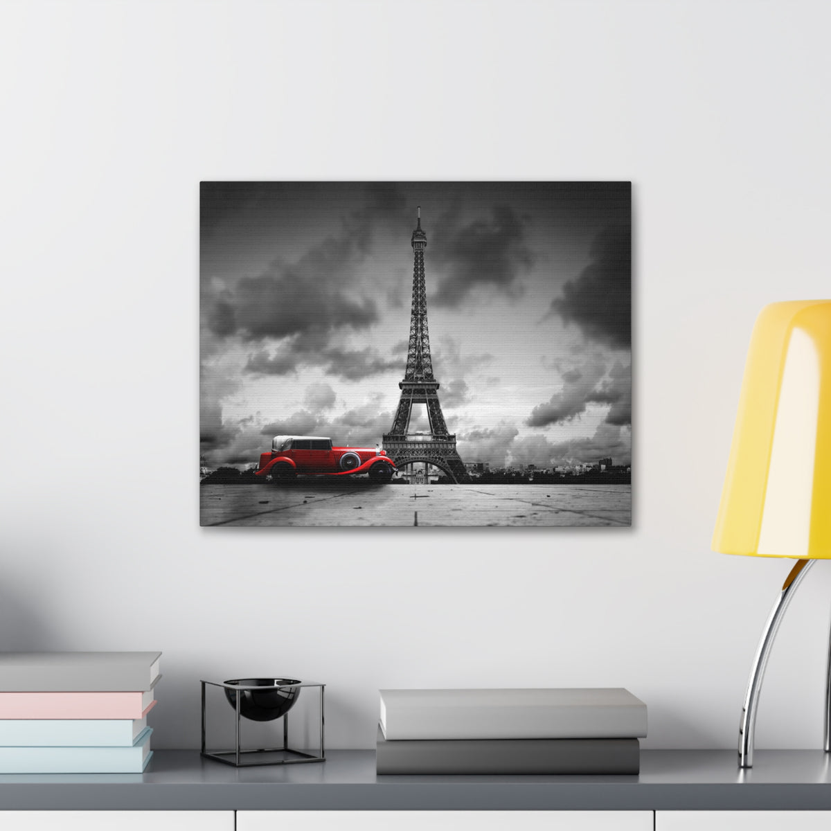 Eiffel Tower Skyline Black White Rain Red Umbrella Canvas Artwork High-Quality Breathtaking Stunning Cityscape for Home Decor Ready to Hang-Express Your Love Gifts