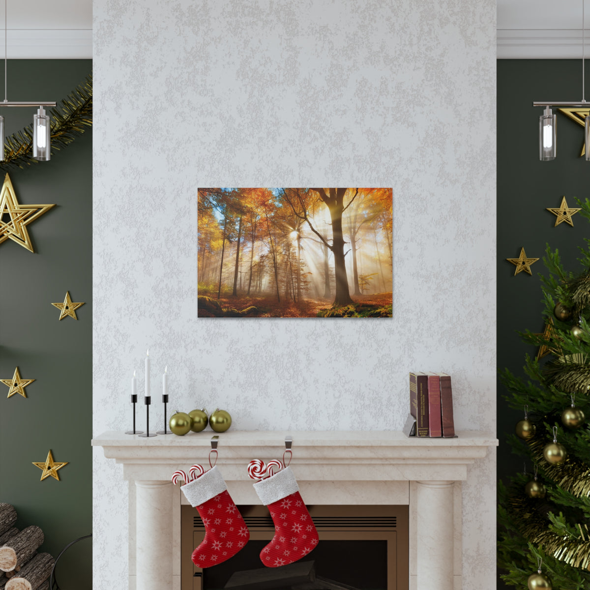 Sunlight Shine Autumn Forest Nature Wilderness Photography Canvas Wall Art for Home Decor Ready-to-Hang-Express Your Love Gifts