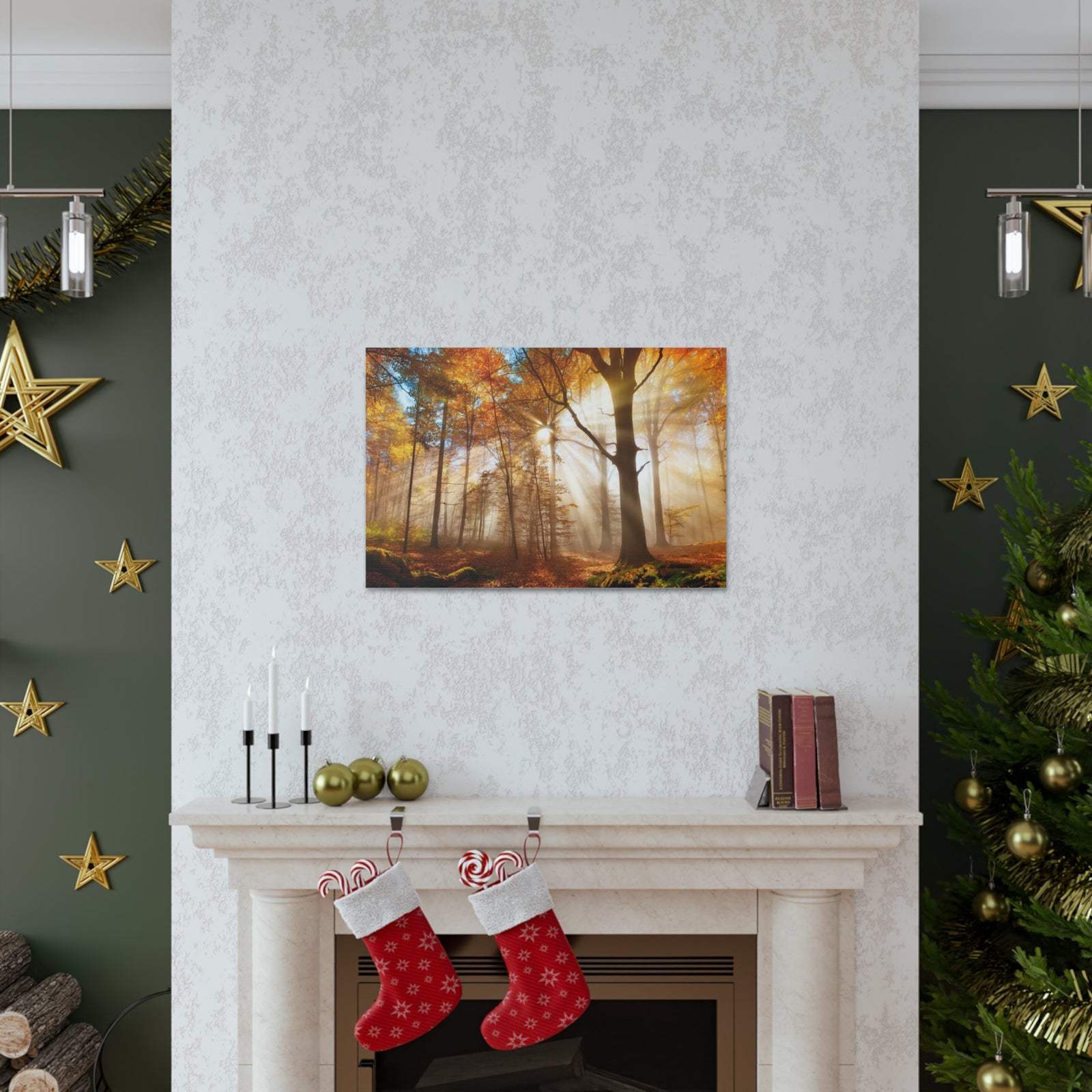 Sunlight Shine Autumn Forest Nature Wilderness Photography Canvas Wall Art for Home Decor Ready-to-Hang-Express Your Love Gifts