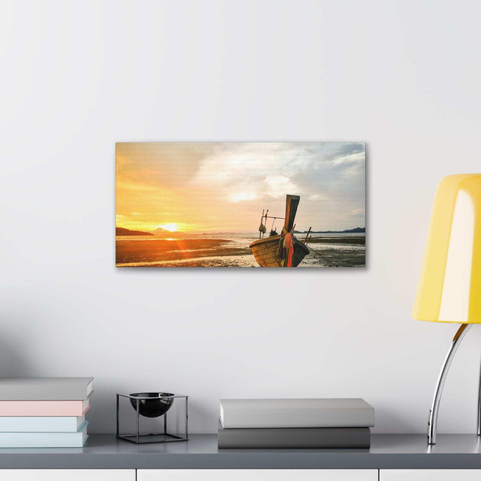 Longtail Boat Sunset Time Ocean Canvas Wall Art for Home Decor Ready-to-Hang-Express Your Love Gifts