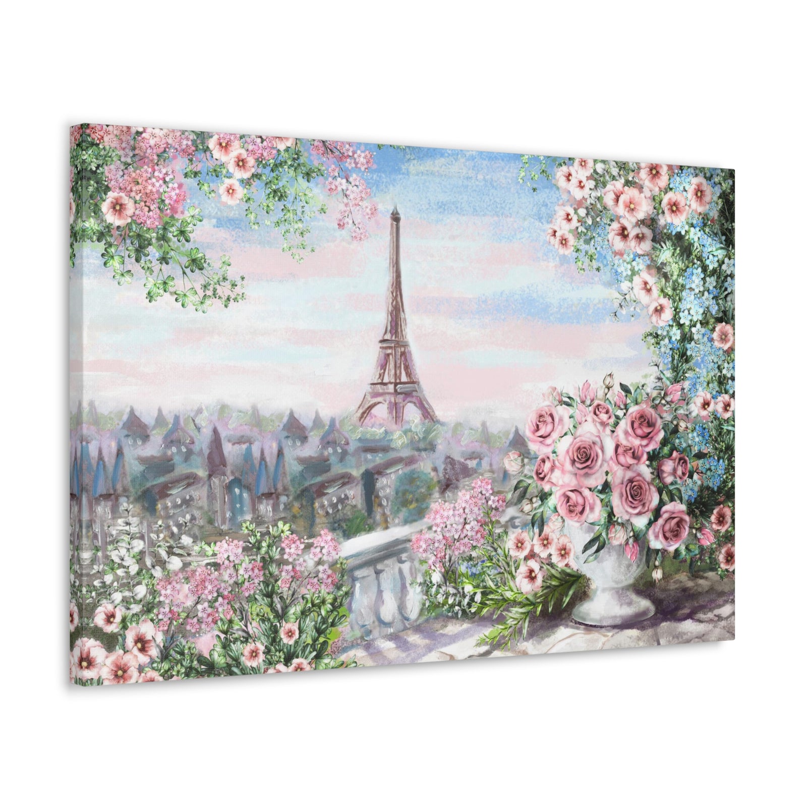 Paris Roses Pink Eiffel Tower France Canvas Artwork High-Quality Breathtaking French City for Home Decor Ready to Hang-Express Your Love Gifts