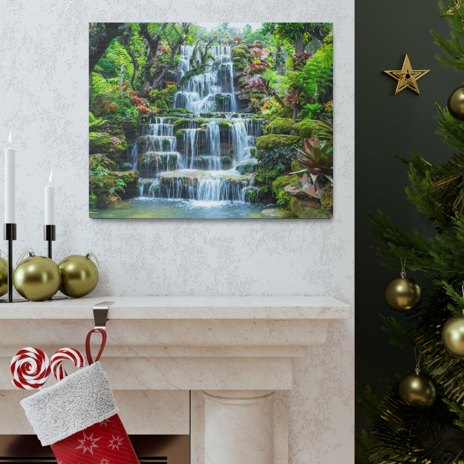 Waterfall w Maple Trees Kyoto Garden Canvas Wall Art for Home Decor Ready-to-Hang-Express Your Love Gifts