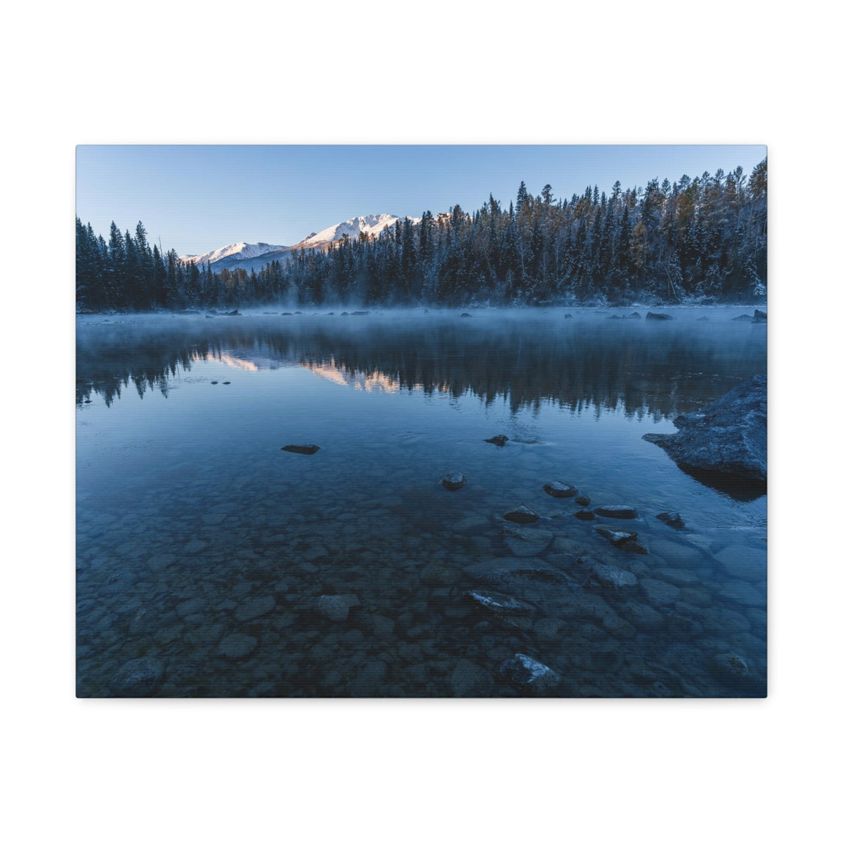 Clear Winter Lake Pine Tree Mountain Nature Wilderness Photography Canvas Wall Art for Home Decor Ready-to-Hang-Express Your Love Gifts