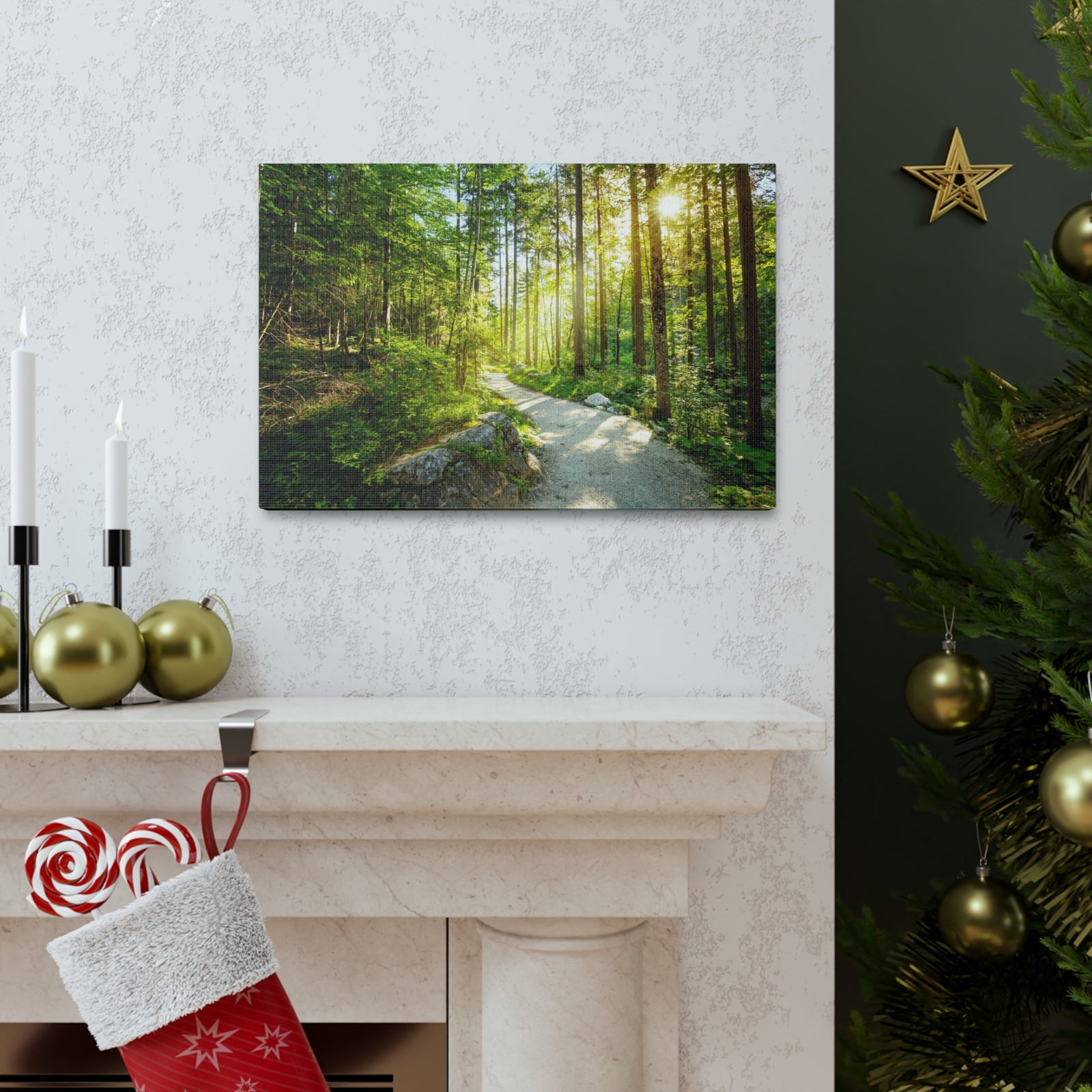 Sunlight Passing Through Green Forest Path Nature Wilderness Photography Canvas Wall Art for Home Decor Ready-to-Hang-Express Your Love Gifts