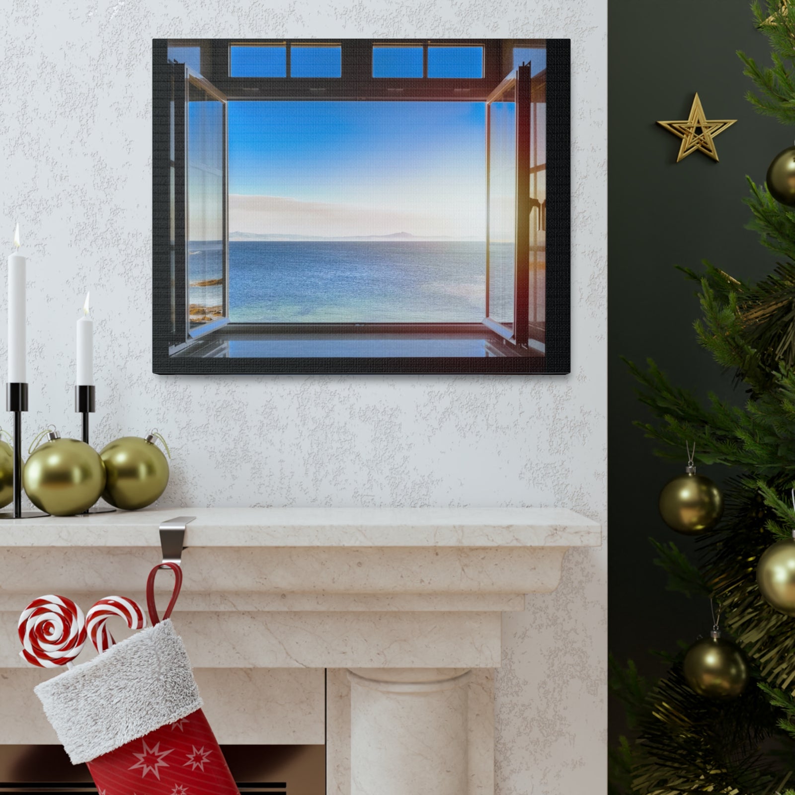 Dark Room Sunset Sea View Open Window Ocean Canvas Wall Art for Home Decor Ready-to-Hang-Express Your Love Gifts
