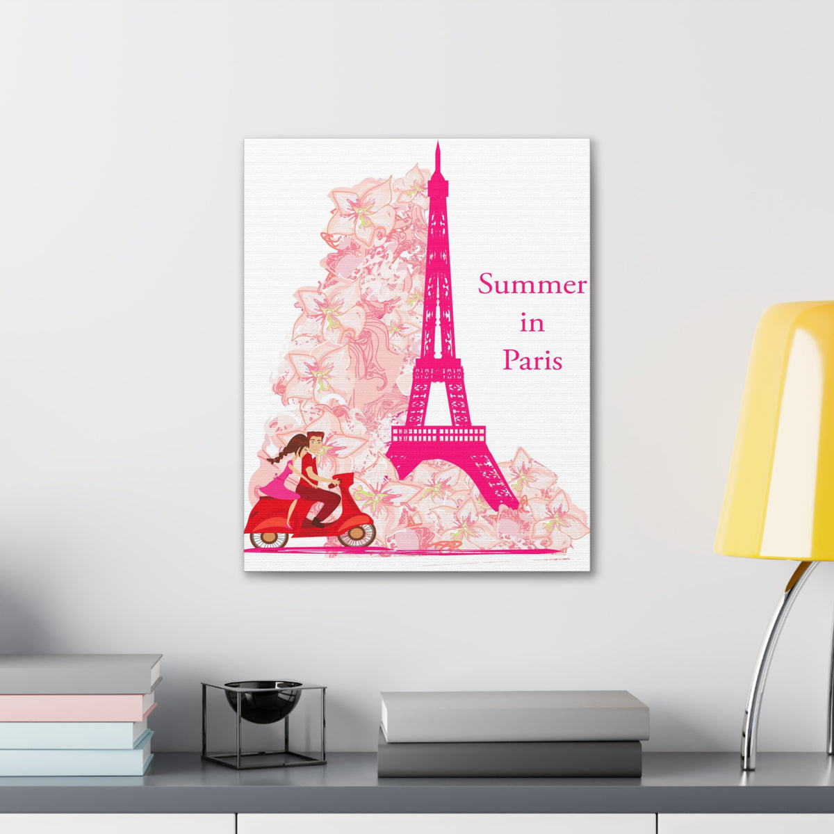 Pink Eiffel Tower Couple On Scooter Paris France Canvas Artwork High-Quality Breathtaking French City for Home Decor Ready to Hang-Express Your Love Gifts