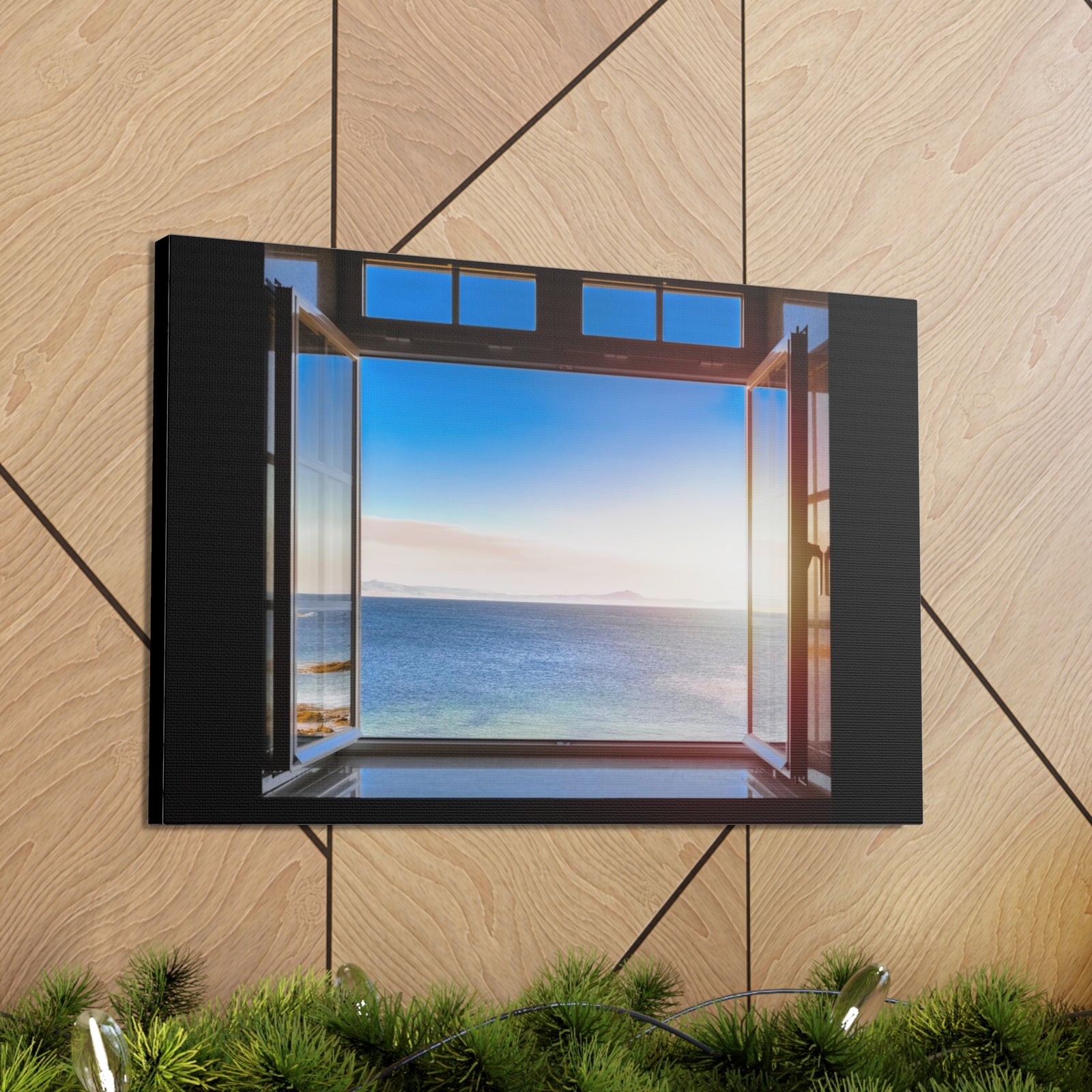 Dark Room Sunset Sea View Open Window Ocean Canvas Wall Art for Home Decor Ready-to-Hang-Express Your Love Gifts