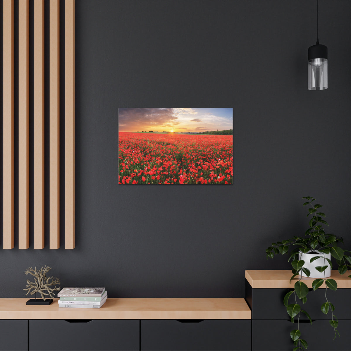 Nice Sunset Over Poppy Field Flower Canvas Wall Art for Home Decor Ready-to-Hang-Express Your Love Gifts