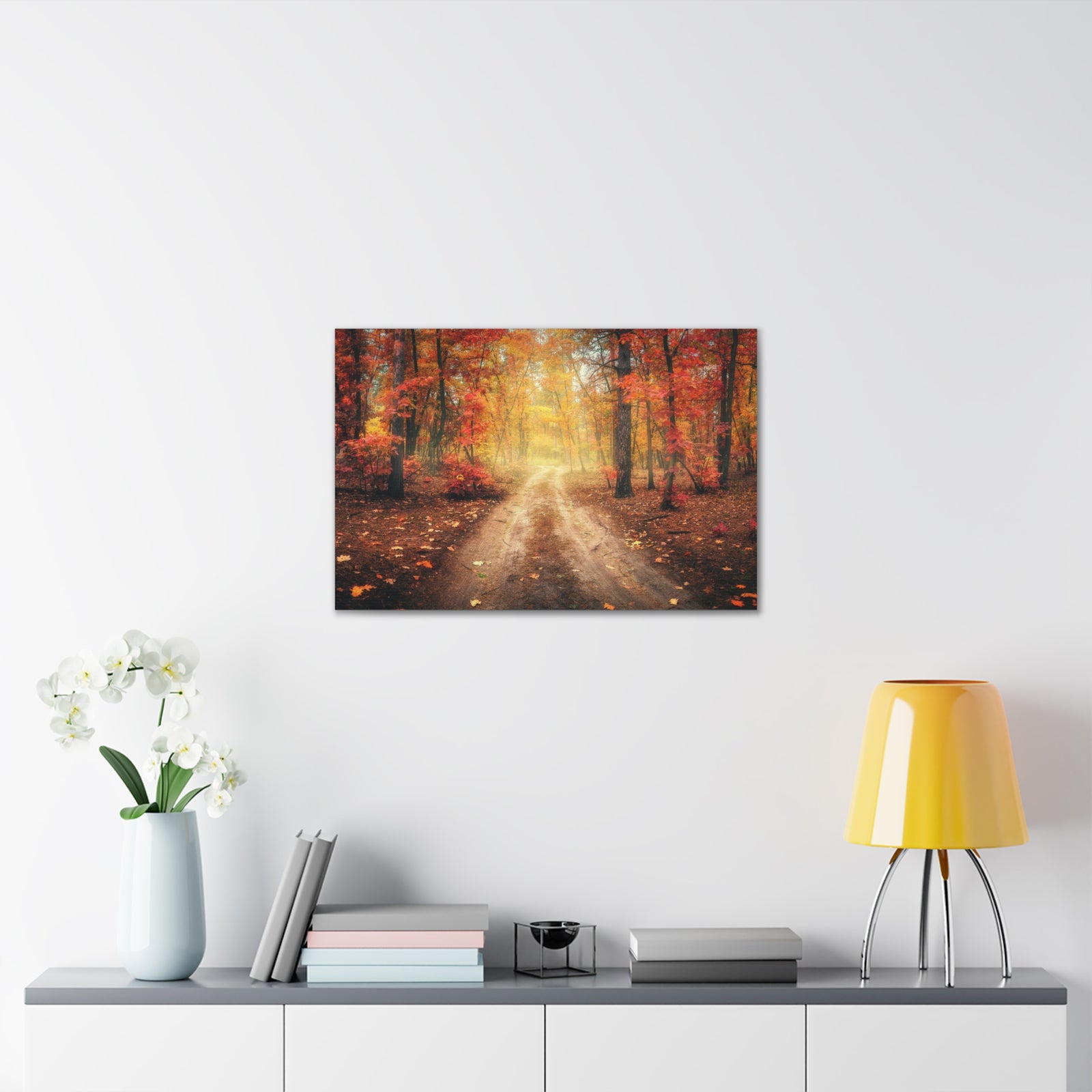 Autumn Forest Misty Orange Tree Path Nature Wilderness Photography Canvas Wall Art for Home Decor Ready-to-Hang-Express Your Love Gifts
