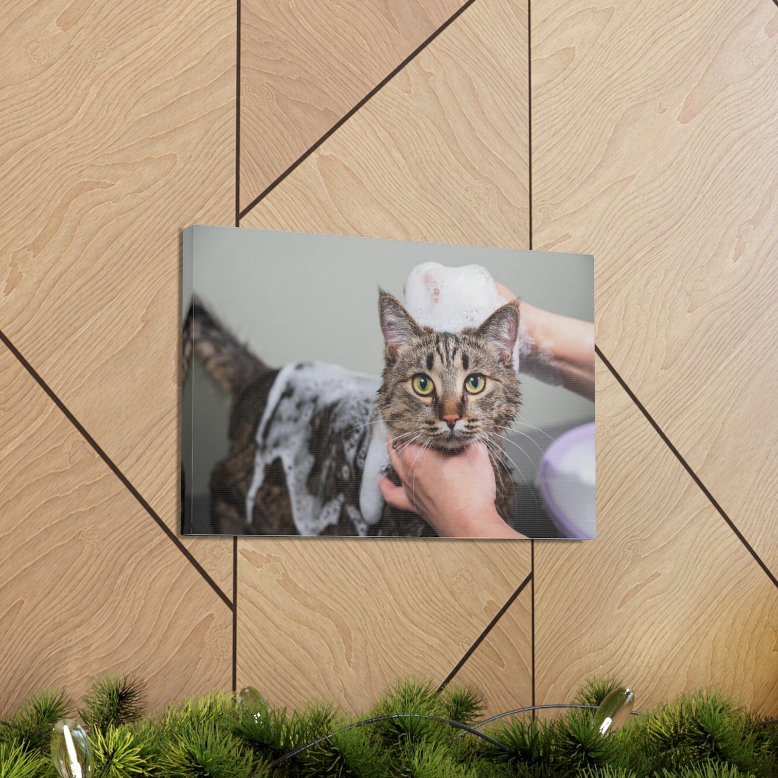 Cute Tabby Gray Cat Bathee Canvas Wall Art for Home Decor Ready-to-Hang-Express Your Love Gifts