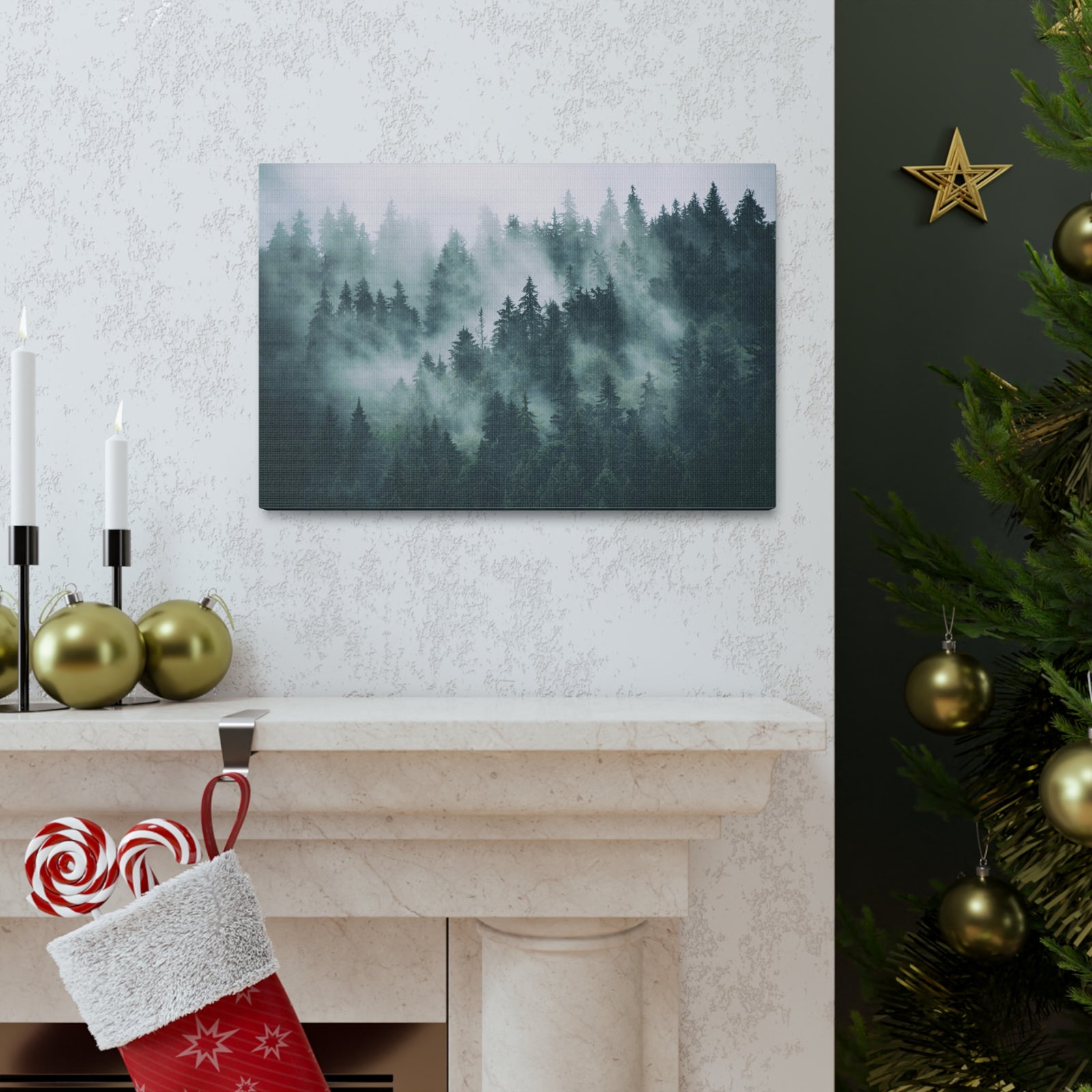 Misty Green Forest Pine Tree Nature Wilderness Photography Canvas Wall Art for Home Decor Ready-to-Hang-Express Your Love Gifts