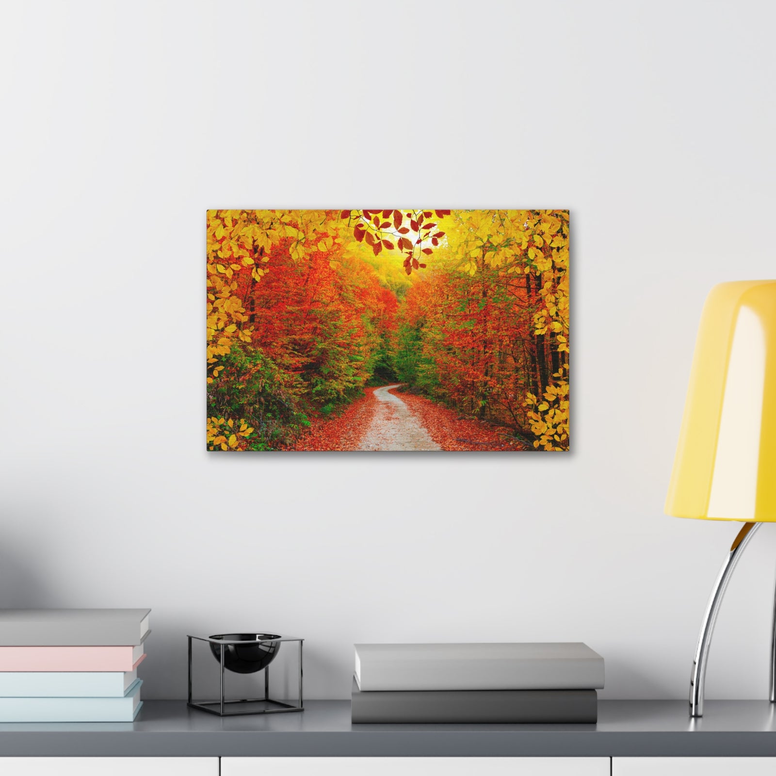 Autumn Fall Orange Leaf Forest Tree Trail Nature Wilderness Photography Canvas Wall Art for Home Decor Ready-to-Hang-Express Your Love Gifts