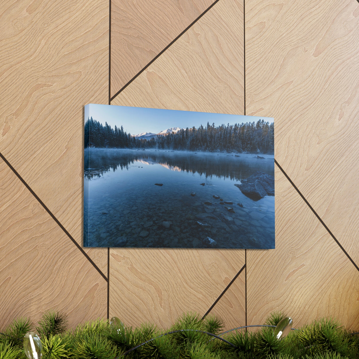 Clear Winter Lake Pine Tree Mountain Nature Wilderness Photography Canvas Wall Art for Home Decor Ready-to-Hang-Express Your Love Gifts
