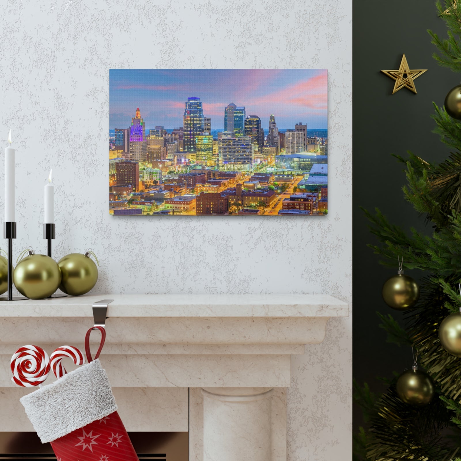 Kansas City Night Skyline Canvas Artwork High-Quality Breathtaking Stunning Cityscape for Home Decor Ready to Hang-Express Your Love Gifts