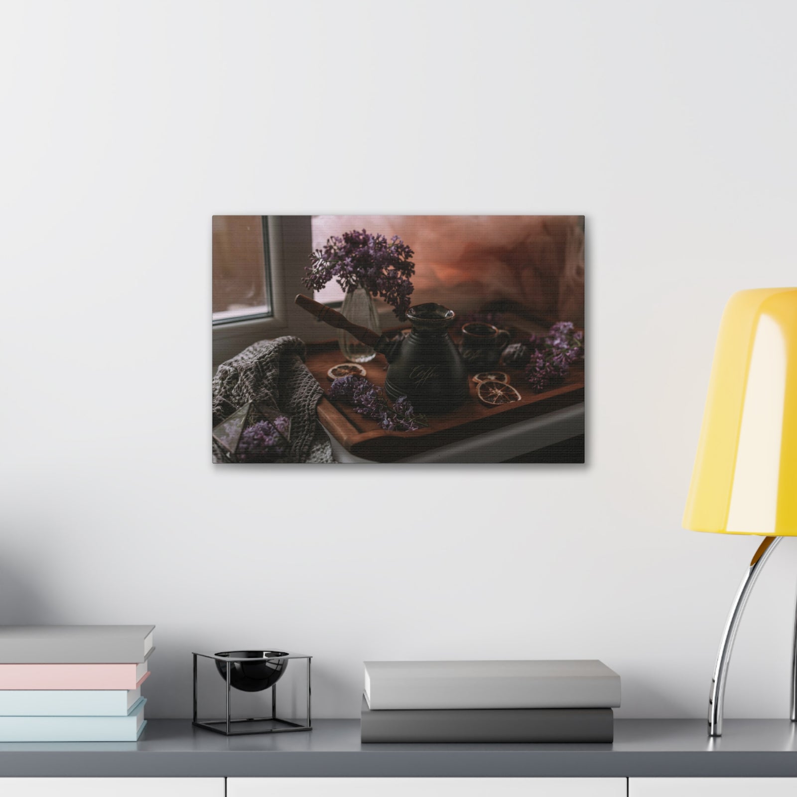 Coffee Chocolate Lilac Flowers On Wooden Tray Rustic Design Canvas Wall Art for Home Decor Ready-to-Hang-Express Your Love Gifts