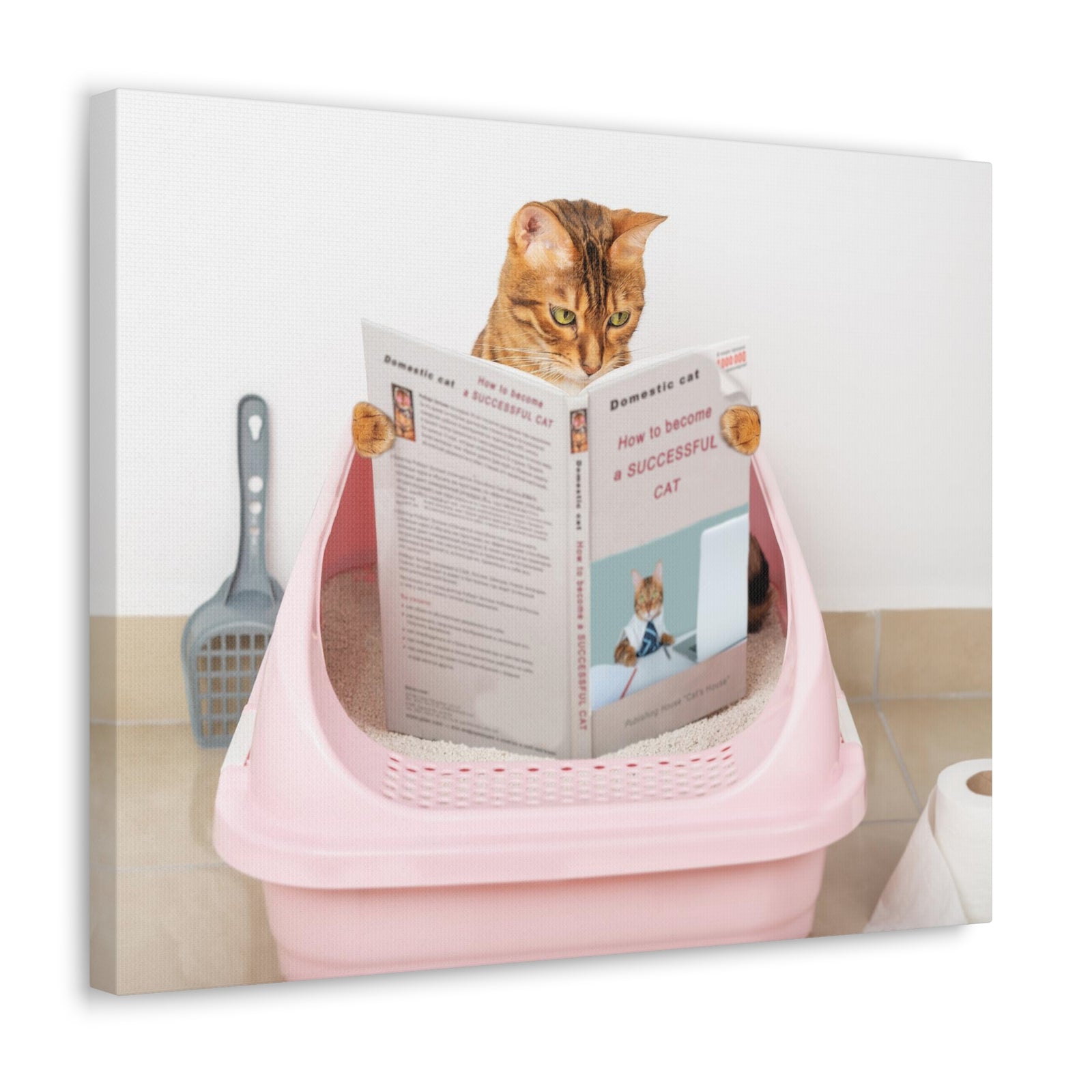 Brown Cat Reading A Book Sitting On Toilet Funny Canvas Wall Art for Home Decor Ready-to-Hand-Express Your Love Gifts