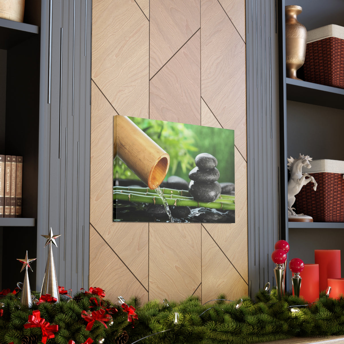 Traditional Bamboo Fountain Forest Floral Nature Photography Canvas Wall Art for Home Decor Ready-to-Hang-Express Your Love Gifts