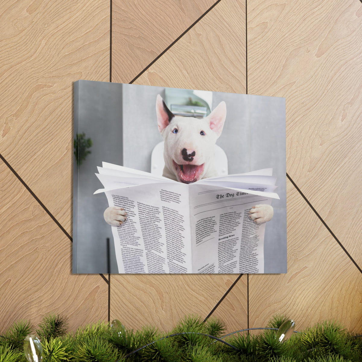 Smiling Bullterrier Reading Newspaper On Toilet Funny Canvas Wall Art for Home Decor Ready-to-Hand-Express Your Love Gifts