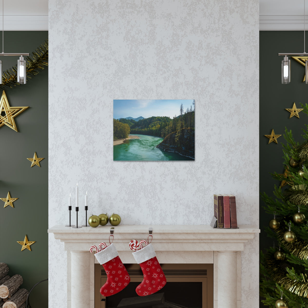 River Through Pine Tree Green Forest Nature Wilderness Photography Canvas Wall Art for Home Decor Ready-to-Hang-Express Your Love Gifts