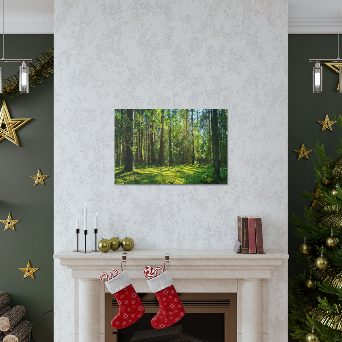 Sunlight Green Forest Tree Nature Wilderness Photography Canvas Wall Art for Home Decor Ready-to-Hang-Express Your Love Gifts