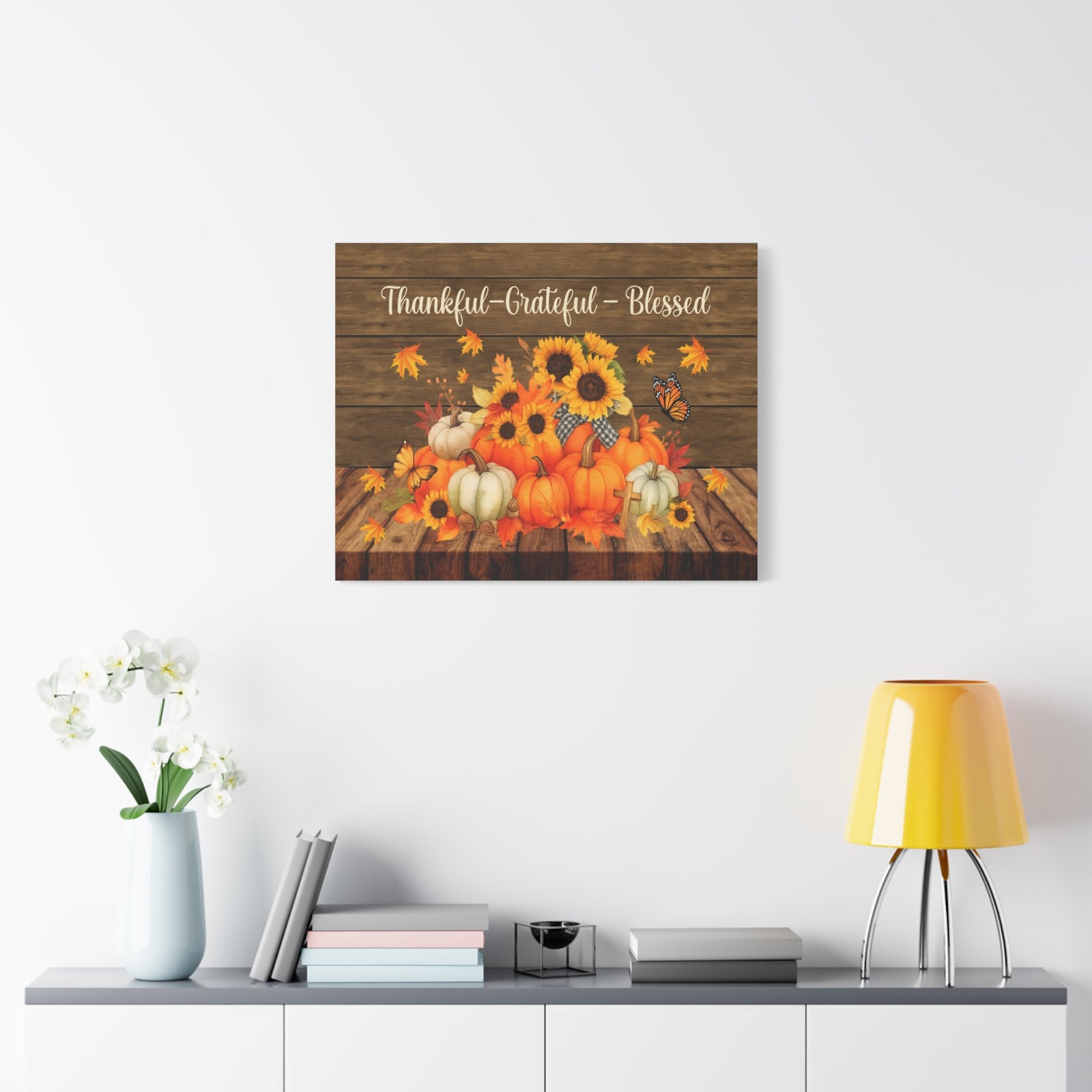 Thankful Grateful Blessed Pumpkin Canvas Wall Art – Rustic Autumn Decor-Express Your Love Gifts