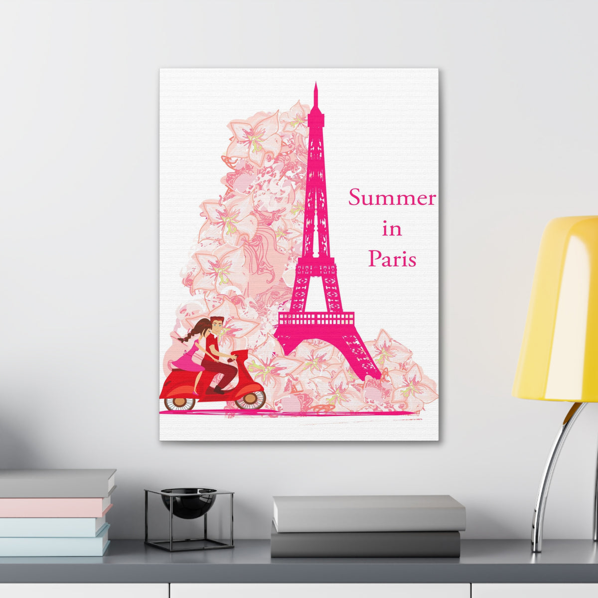 Pink Eiffel Tower Couple On Scooter Paris France Canvas Artwork High-Quality Breathtaking French City for Home Decor Ready to Hang-Express Your Love Gifts