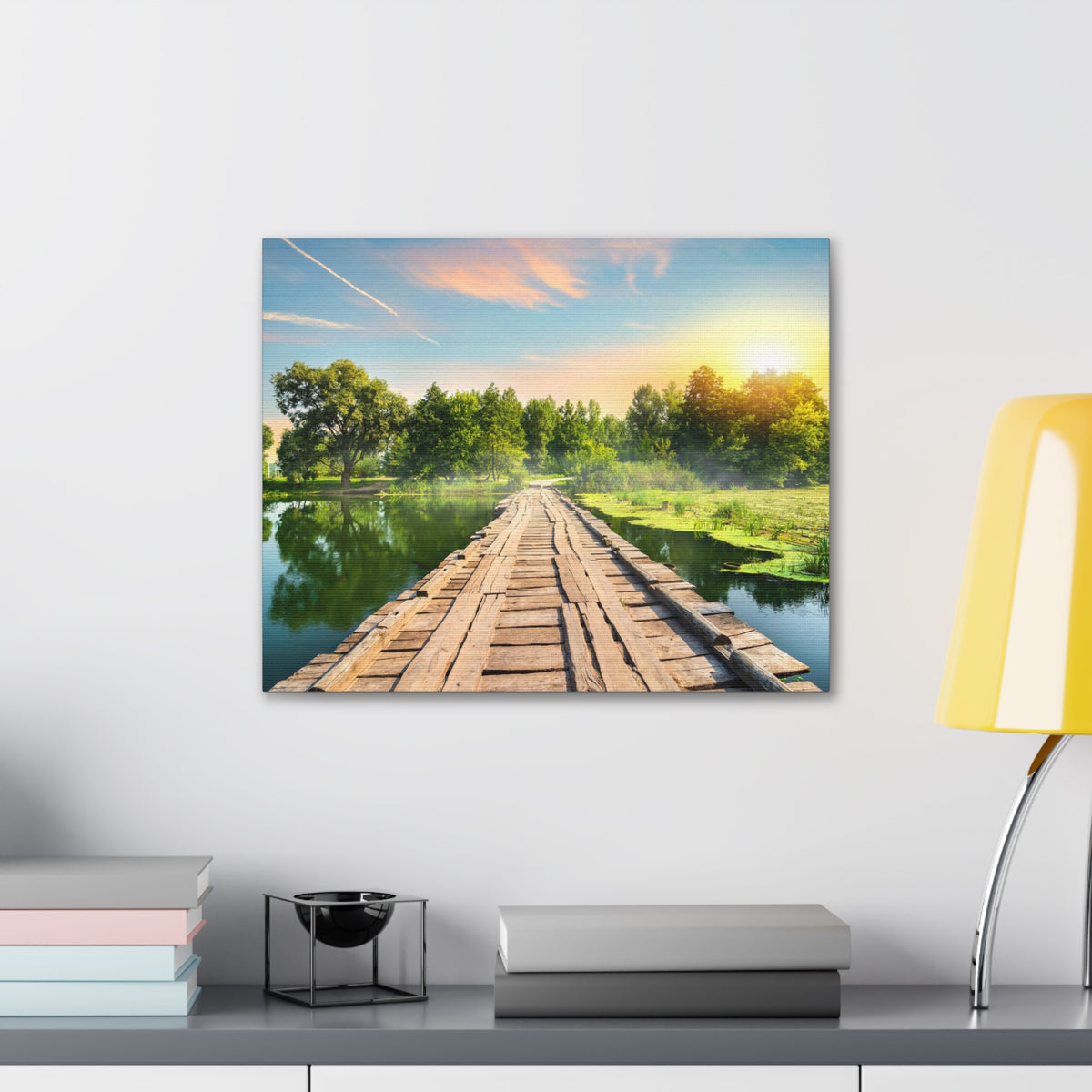 Lake at Dawn Wooden Bridge Nature Wilderness Photography Canvas Wall Art for Home Decor Ready-to-Hang-Express Your Love Gifts