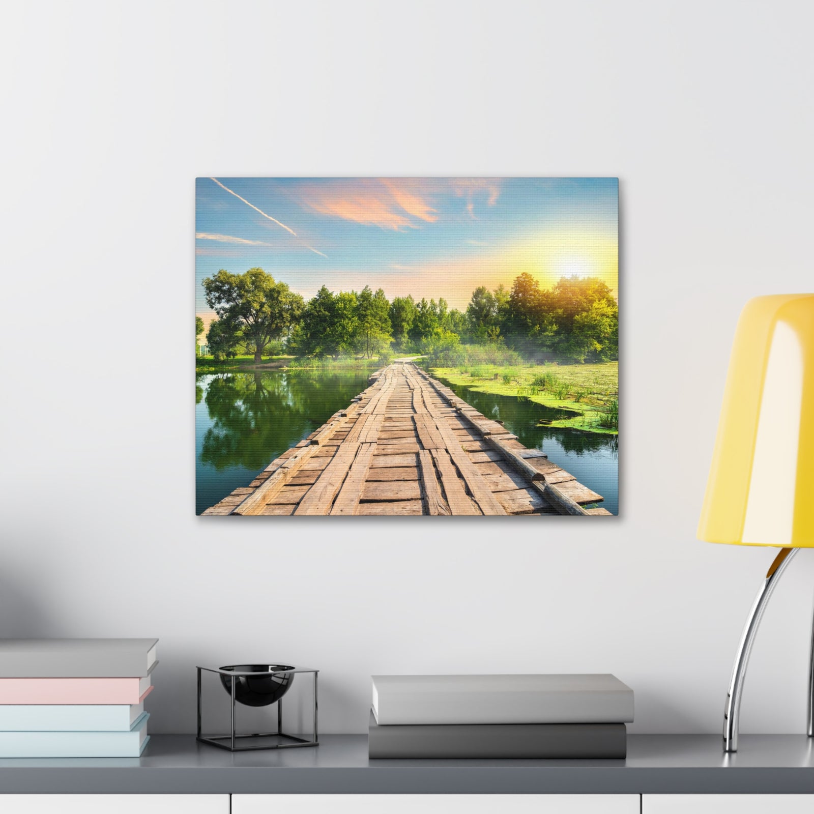 Lake at Dawn Wooden Bridge Nature Wilderness Photography Canvas Wall Art for Home Decor Ready-to-Hang-Express Your Love Gifts